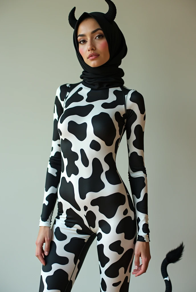 a beautiful muslimah woman with beautiful cheeks wears cow lycra turtleneck unitard catsuit with a tail.She always wear cow lycra dancewear hijab with a pair of horns.