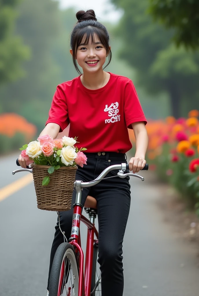 beautiful indonesian girl, smooth white skin, well-groomed face,Korean style bun hair with trendy bangs,, baju kaos red bermotif logo Santi, black jeans jumpsuit pants,,
white shoes, pose in the middle of the road, smiling sweetly while pushing the bike, in the bicycle basket full of colorful roses (orange, )(red)(,pink,) Background ,There are colorful rose plants on the left and right sides of the road,Realistic original photo