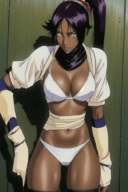 (best qualityer, high resolution:1.1), Shihouin Yoruichi, black and wet bra, tight, wet white panties, shirt accessory, Waist accessory, tissue, leg warmers, shoulderpads, detached sleeves, 1 girl, standing alone, darkskinned female, darkskin, long ponytail hair, parted bangs, cabelo roxo, yellow eyes,