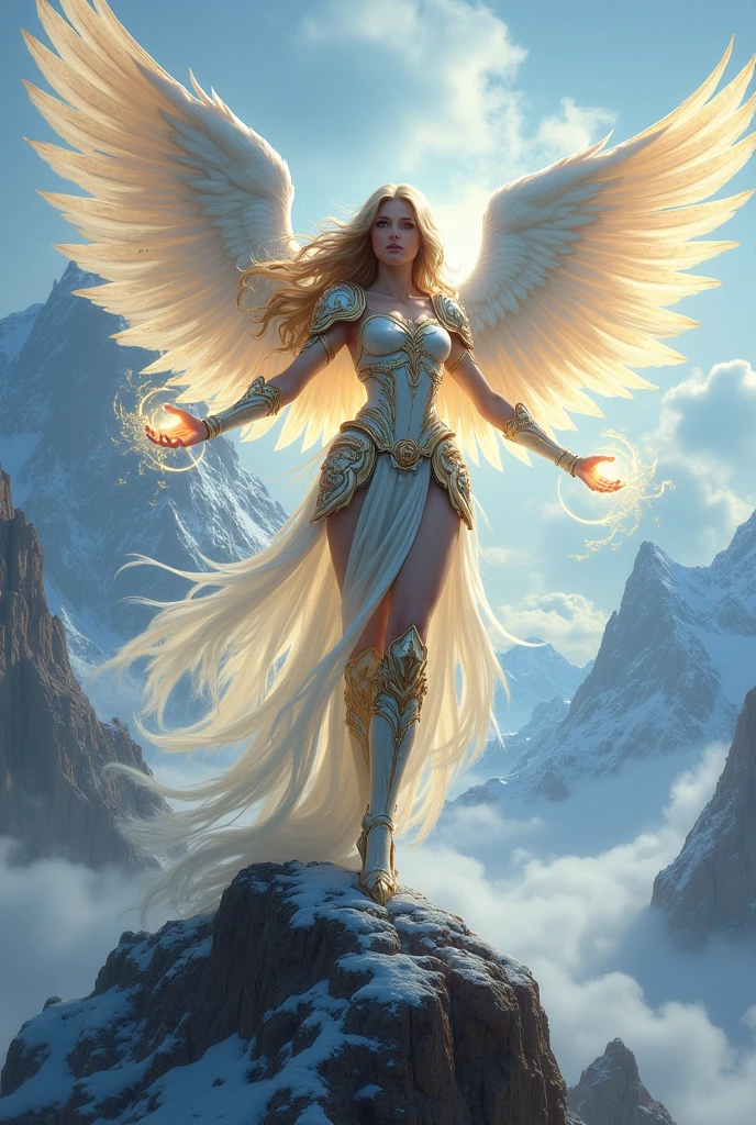 Angel,armor , beautiful Woman,angel madk ,giant Angel wings ,light ,light magic , mountain, long legs