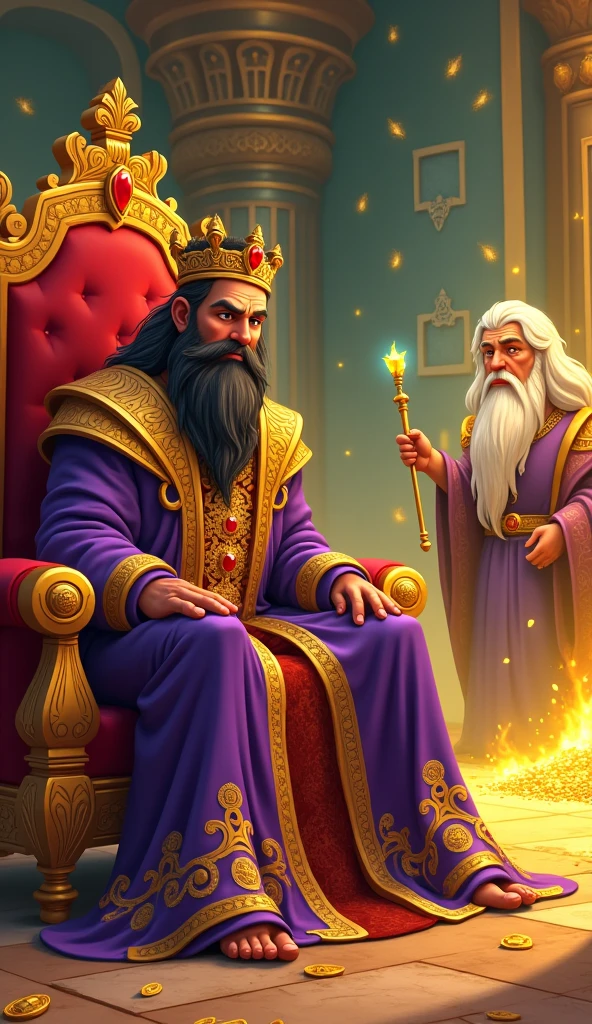 Setting: A grand palace with gold and marble floors, filled with luxurious decorations. King Midas is sitting on a throne, surrounded by treasures.
Visuals: King Midas, a middle-aged man with a long, flowing beard and sharp, intelligent eyes, is dressed in royal robes of deep purple and gold, decorated with jewels. He gazes lovingly at his treasure-filled palace, his greed visible as he dreams of having more gold. A magical figure, an old man with a long white beard and glowing eyes, suddenly appears in the palace, dressed in simple robes and holding a staff. Midas eagerly makes his wish for everything he touches to turn into gold. The magical figure grants his wish with a wave of his glowing staff, and Midas’ eyes light up with joy.
Show as cartoons