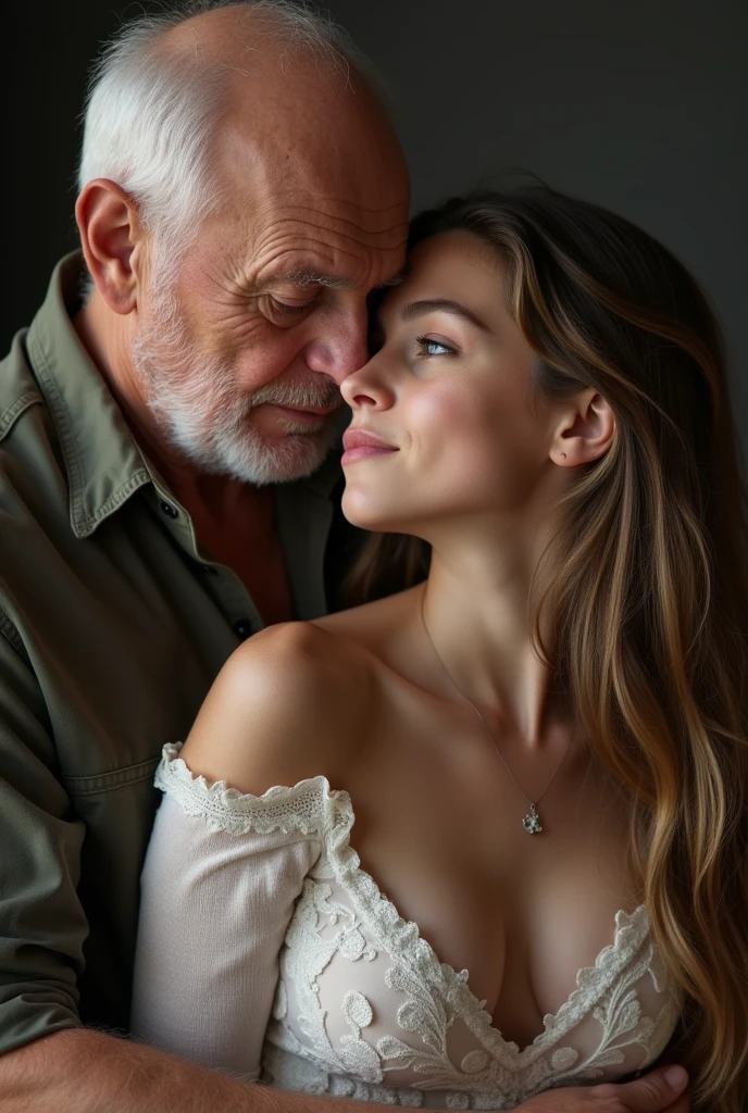   girl, old man  hugging girl body,Beautiful blue eyes, long sexy hair, ((being seduced and fondled on her small breasts by an elderly man)),  old man, young sexy girl hugging old Man old man