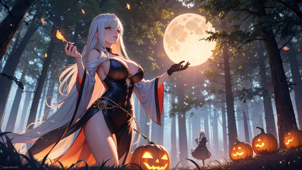 A witch with large breasts casting a spell in the forest. Lost of fairies and spirits around her watching the magic rise up. Pumpkins and mushrooms in the forest, spiders, spiderwebs, halloween, full moon, magic, wicca, masterpiece, best quality, dramatic lighting
