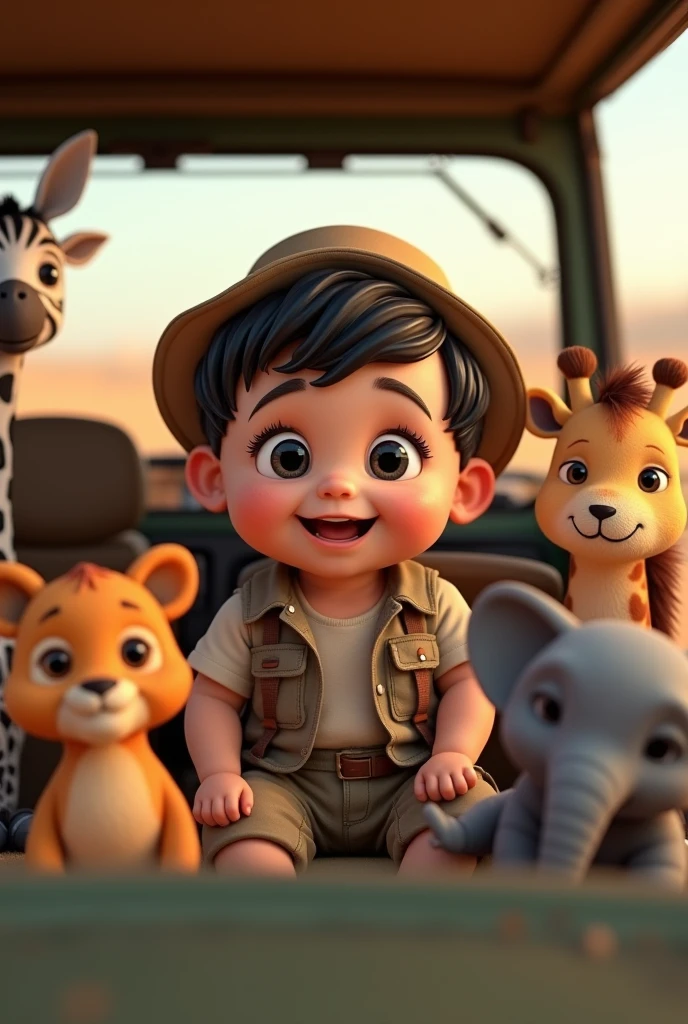 8 boy safari dress side parting hair curled black, round dark eyes with eyelashes big full mouth in a Jeep car for Safari with a baby zebra a baby lion a baby giraffe and a baby elephant Pixar 3d