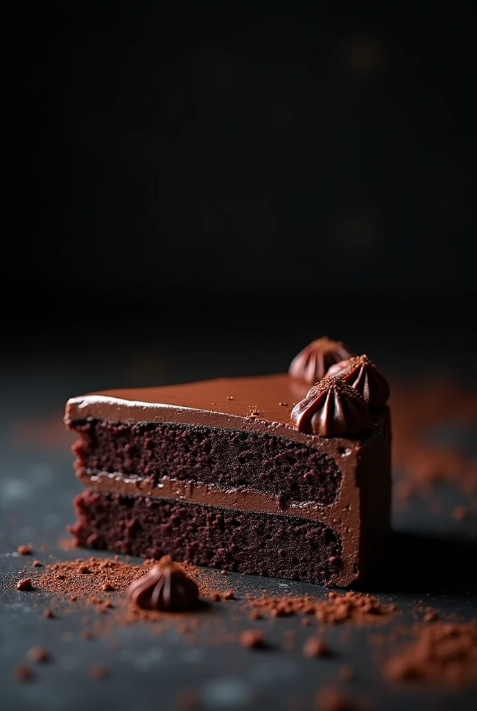 cinematic film still chocolate, chocolate cake, dark background, quality photo, moist texture, frosting, studio photo, slice . shallow depth of field, vignette, highly detailed, high budget, bokeh, cinemascope, moody, epic, gorgeous, film grain, grainy