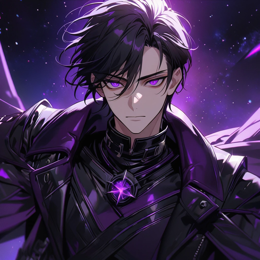 High quality, HD, 4k, no shadows, handsome male, handsome, extremly handsome, 1male, 1 male, teenager, pure black hair, short black hair, dark hair, black hair, jet black hair, sharp eyes, deep purple colored eyes, dark purple colored eyes, deep violet eyes, violet eyes, devil may cry, close up, calm expression, stoic expression, black leather clothes, black leather clothing, leather clothing, lean body, well trained body, upper body, looking at viewer, cowboy shot, white solar, space background