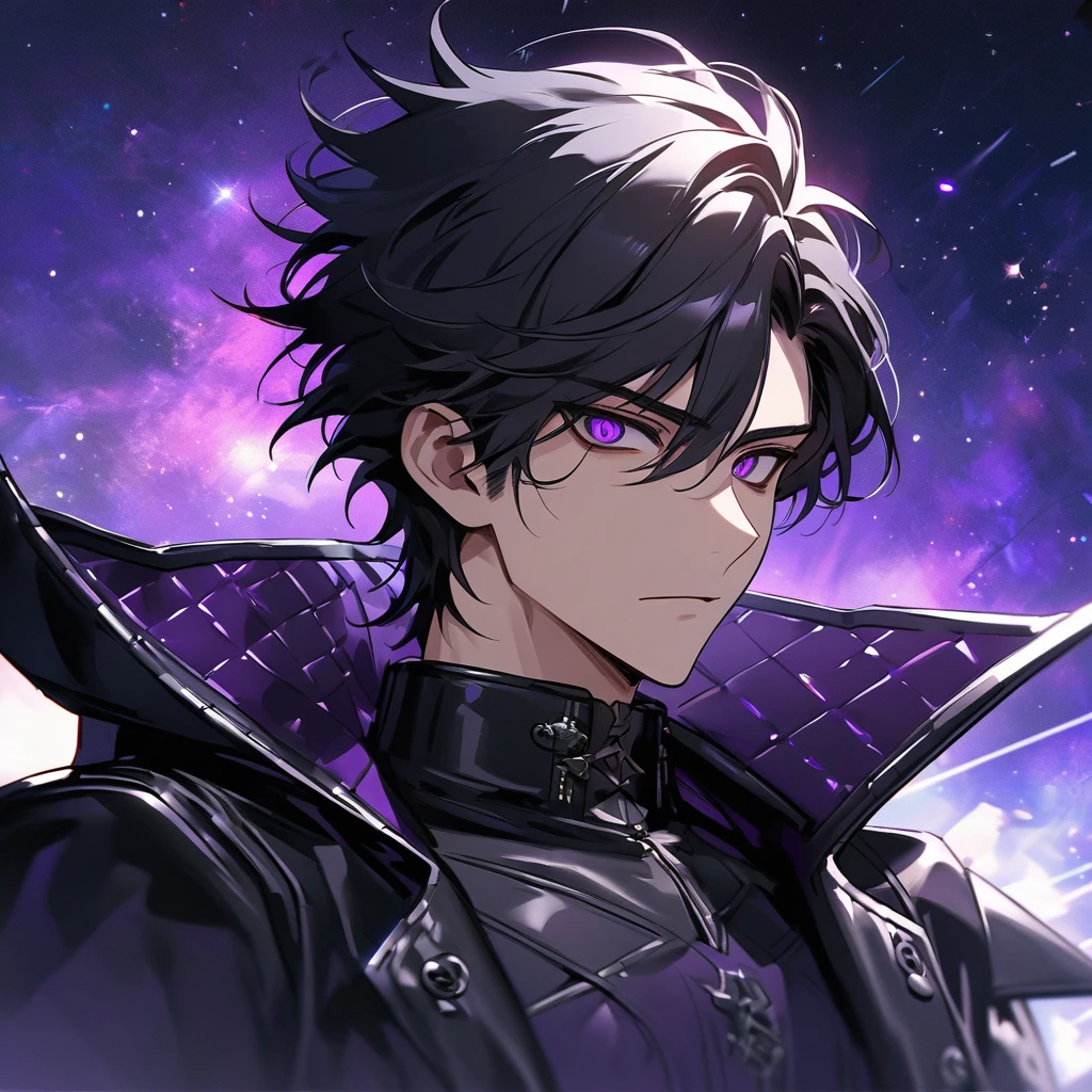 High quality, HD, 4k, no shadows, handsome male, handsome, extremly handsome, 1male, 1 male, teenager, pure black hair, short black hair, dark hair, black hair, jet black hair, sharp eyes, deep purple colored eyes, dark purple colored eyes, deep violet eyes, violet eyes, devil may cry, close up, calm expression, stoic expression, black leather clothes, black leather clothing, leather clothing, lean body, well trained body, upper body, looking at viewer, cowboy shot, white solar, space background