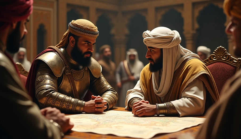 Create an epic, highly detailed image of a strategic meeting between Thariq bin Ziyad and Musa bin Nusair. Both figures are dressed in traditional Islamic warrior attire, with Thariq in armor and a turban, and Musa in more ornate, leadership attire. They are shown in deep discussion over a map spread out on a wooden table, surrounded by other generals and advisors. The backdrop is grand and underexposed, featuring a historical tent or a war room with detailed Islamic decor. The lighting is cinematic, casting soft shadows and creating a focus on the central figures, while the color grading enhances the warm tones of the attire and the muted, cool tones of the surroundings, adding depth and intensity to the scene