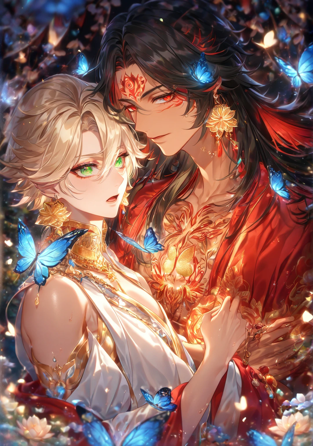 absurdres, highres, ultra detailed, HDR) master piece, best quality, extremely detailed, detailed face, detailed eyes, delicated features, tanned skin, Asura, black long hair, expressive red eyes, Onmyoji, Taishakuten, ash-blonde short hair, expressive green eyes, two men together, yaoi, gay couple, handsome, lotus earrings, white tunic with accessories, red haori, showing the chest, red tattoo, fantasy, magical, glittering, water, blue flames, blue moon, blue flowers, blue butterflies, garden