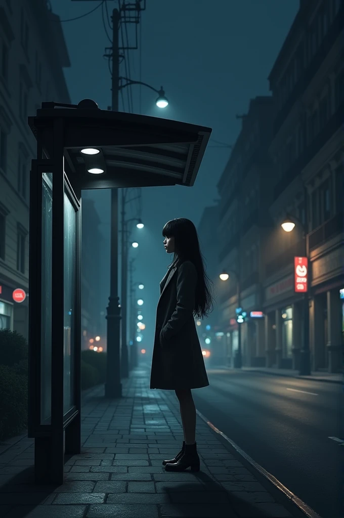 A girl stand on bus stop at night
