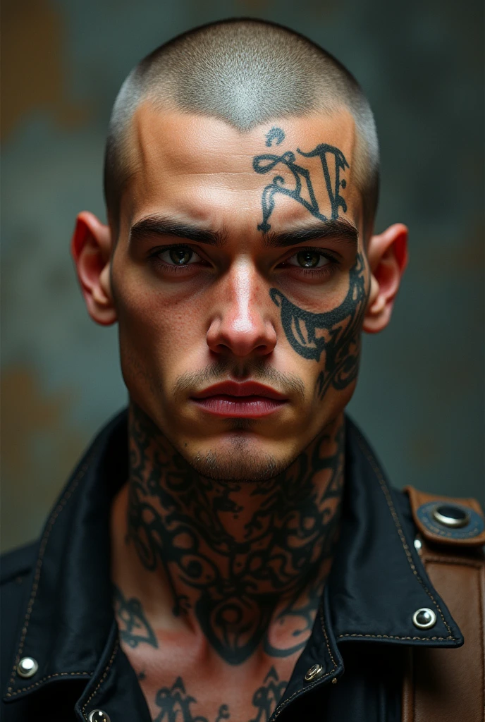 Laki laki remaja. kulit matang sawo. Kepala botak. Ber tatto di wajahnya