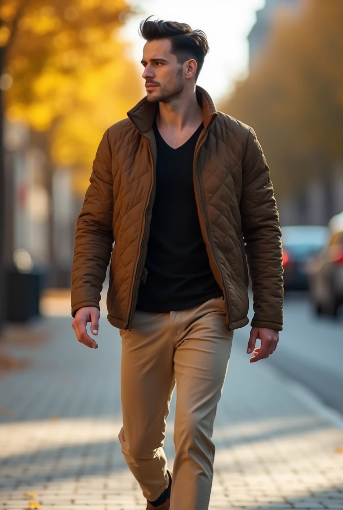 фото full length идущего по городу русского мужчины, Medium height, 35 years, walks along the sidewalk along the road, black hair, Sports figure, broad shoulders, a neat stylish hairstyle, wide cheekbones, smart casual look, brown lightweight quilted jacket, black tight fit v-neck t-shirt, beige trousers, brown shoes, warm autumn, Early autumn, Sunny weather, walking through the city, looks ahead, Stylish look, Men's fashion, Men's style, thoughtful look, full length, free pose, dynamic pose, solar lighting, daylight, black hair, blunt bangs, Serious, expressionless, atmospheric perspective, bokeh, f/1.8, 85mm, Nikon, depth of field, uhd, masterpiece, accurate, anatomically correct, textured skin, super detail, high details, high quality, highres, 4K