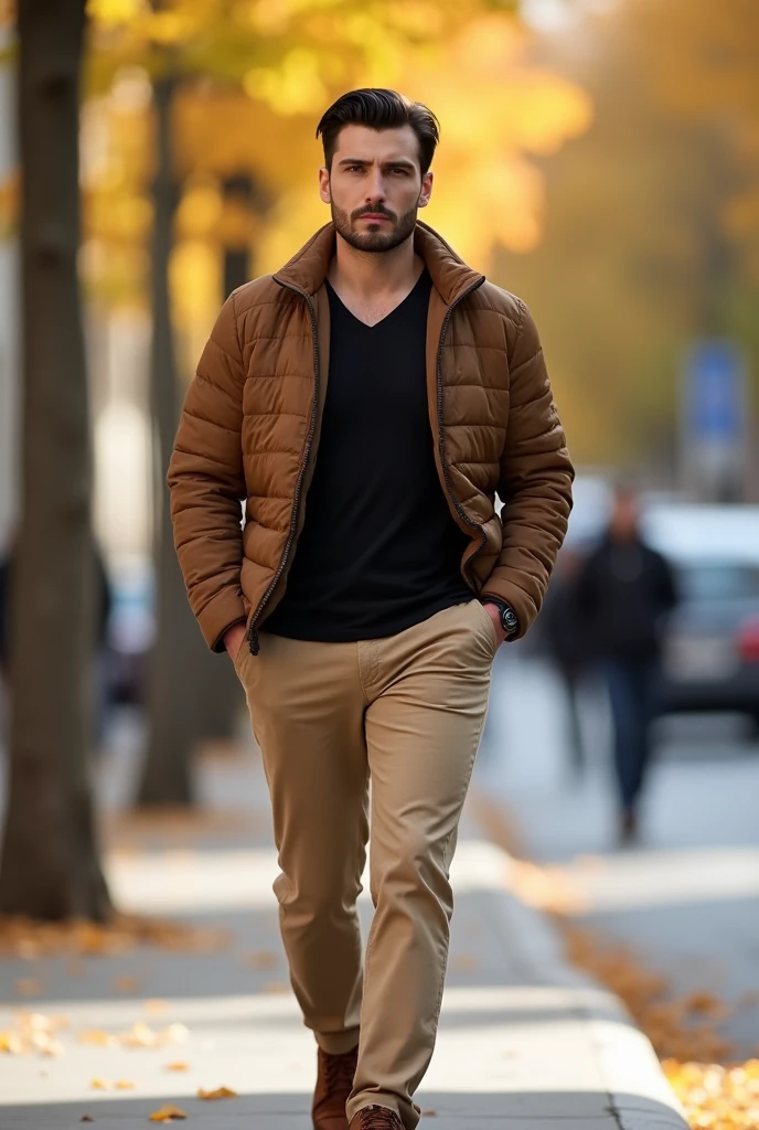 фото full length идущего по городу русского мужчины, Medium height, 35 years, walks along the sidewalk along the road, black hair, Sports figure, broad shoulders, a neat stylish hairstyle, wide cheekbones, smart casual look, brown lightweight quilted jacket,  black tight fit v-neck t-shirt, beige trousers, brown shoes, warm autumn, Early autumn, Sunny weather, walking through the city, looks ahead, Stylish look, Men's fashion, Men's style, thoughtful look, full length, free pose, dynamic pose, solar lighting, daylight, black hair, blunt bangs, Serious, expressionless, atmospheric perspective, bokeh, f/1.8, 85mm, Nikon, depth of field, uhd, masterpiece, accurate, anatomically correct, textured skin, super detail, high details, high quality, highres, 4K