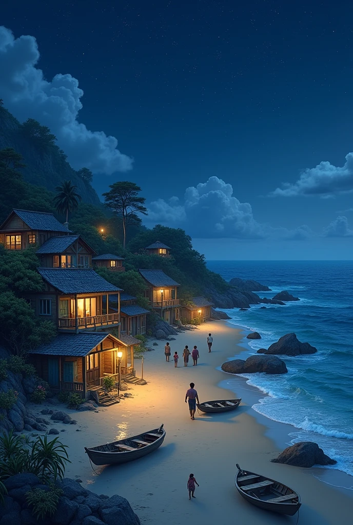 Make a village in front of beach in night very beautiful 
