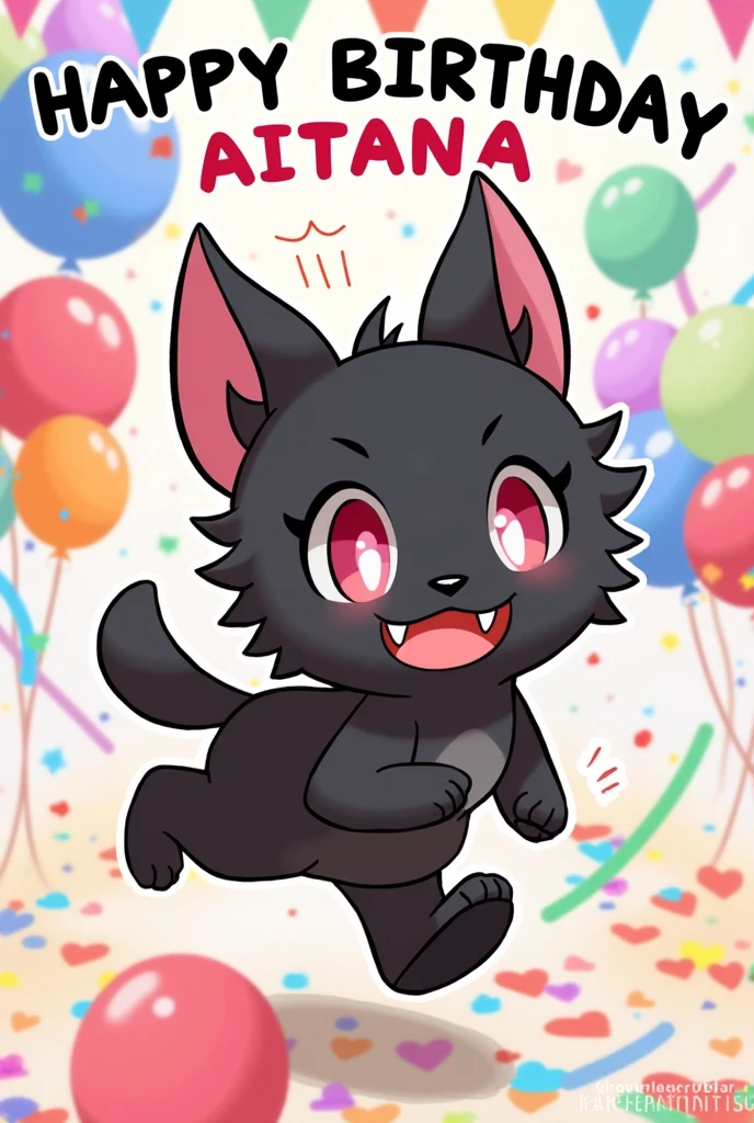 Illustration of kuromi from the cartoon Hello Kitty with a birthday background with the text 'happy birthday Aitana' on top