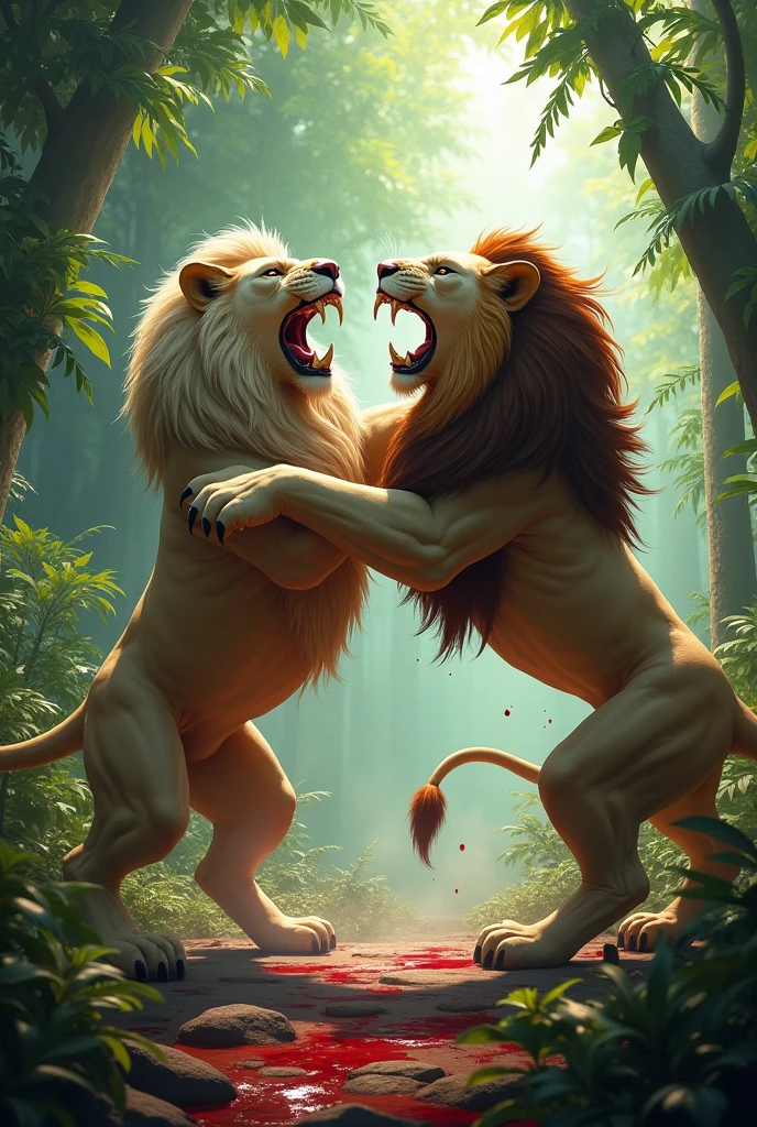 A lion vs a off white lion fighting brutally filled with blood in green jungle