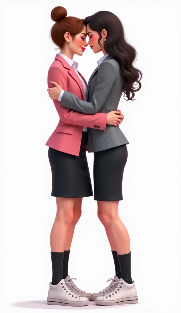 Two young womens, long black hairs, yuri, same height, lesbian.
The first young women wear a pink suit jacket, white shirt, black pencil skirt 14 cm, black underpants, black socks, white sneakers high top.
The second young women wore a grey suit jacket, white shirt, black pencil skirt 14 cm, black underpants, black socks, white sneakers high top.
cheeks stucked, smiled, hugging, white background, novel cartoon, 4K, HD.