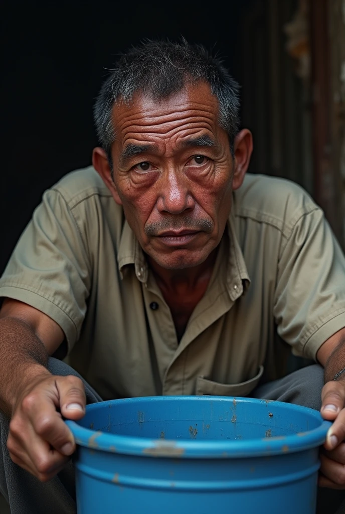 sweating man on his back about to sit on a blue bucket, he is quite tired from straining 