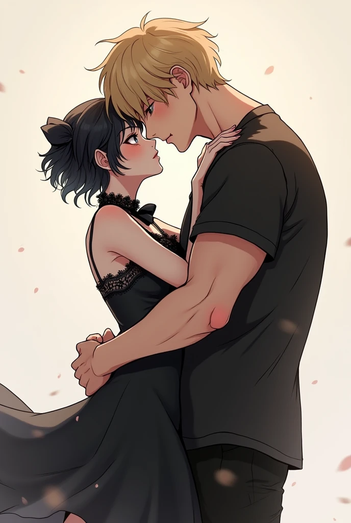 A very cute goth femboy boy with his strong blond masculine boyfriend, they are very much in love with each other, Image made with anime lines