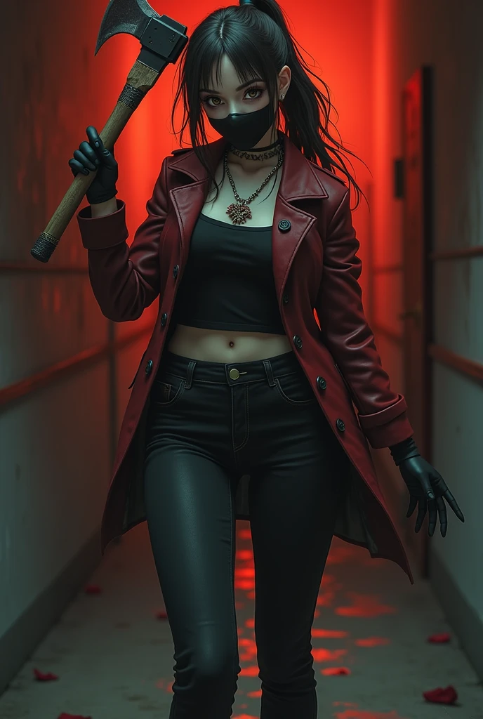 ((best quality: 0.8))((masterpiece))((detailed))1 girl, long hair tied in a ponytail, dark brown red pussy, 
fair skin, 
brown eyes, short black blouse, red jacket, black gloves, red and black Jordans, black jeans, black mask that covers the mouth, 
Pretty face ax in hand, creepypasta.