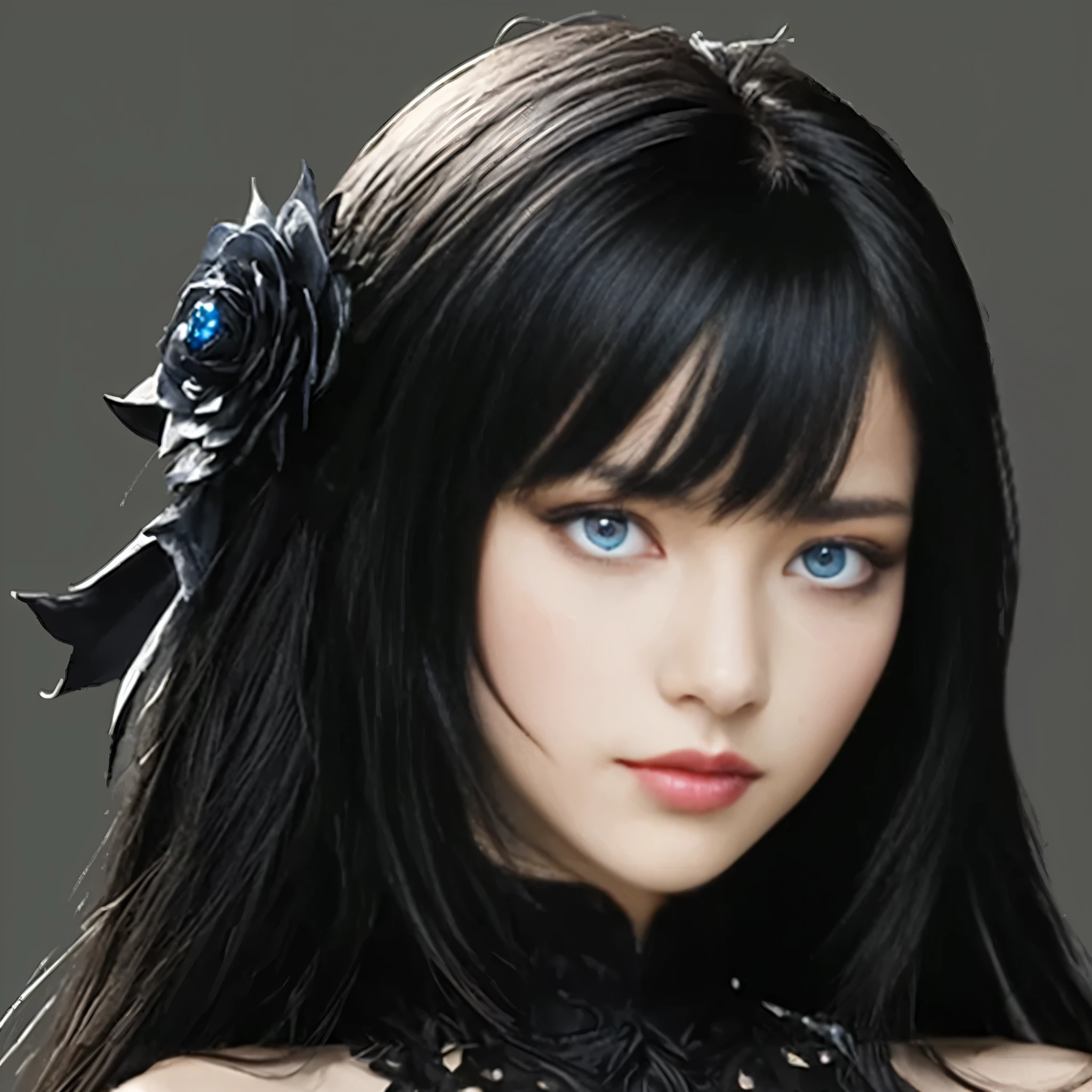 masterpiece, best quality, adult, female, focus, solo, looking at viewer, closed mouth, Highly detailed, detailed face, detailed eyes, clear skin, clear eyes), blue eyes, black hair, photography, detailed skin, realistic, photo-realistic, 8k, highly detailed, full length frame, High detail RAW color art, diffused soft lighting, shallow depth of field, sharp focus, hyperrealism, cinematic lighting