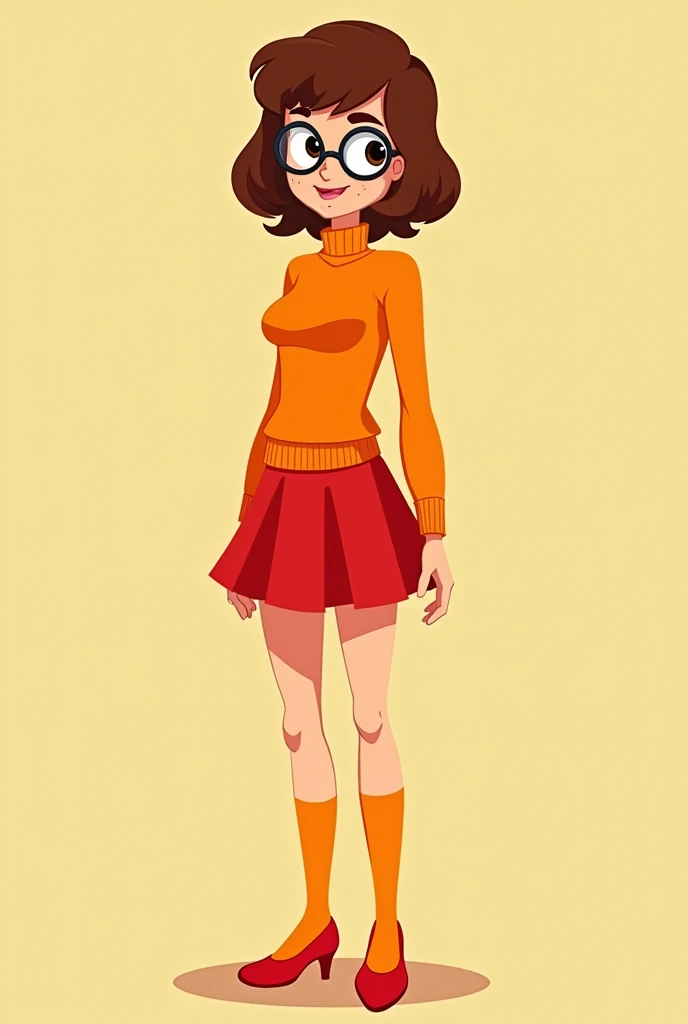 Cartoon with text:
Velma dinkley, short brown hair, glasses, freckle, orange turtleneck sweater, red skirt, orange socks, red heels