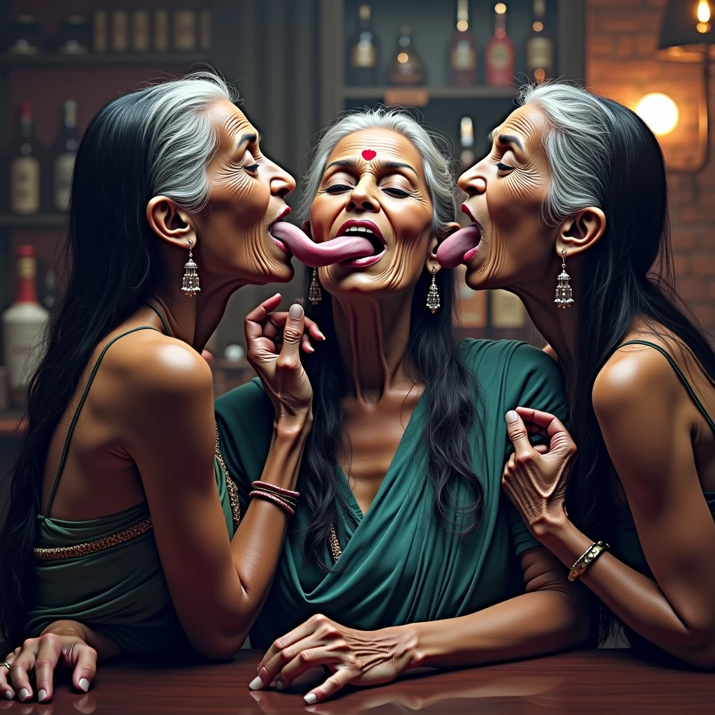 Indian three grandmamas with oil treated slick hairs playing wild sex releaving their shoulders out from their dreses while smoking in a lighted bar exactly detailing as per the image,They kissing while putting their tongues out in natural wild licking wildly detsiling exact as per the image,Their wildness and oil treated hairs and thier ages eldery with indian ethnicity are the imoprtance to show as per the image,strictly exact as ler the image delating faces,hairs,hair colors,skin tones,elderity,indian ethnicity,clothings,revealing body parts,oil treated hairs,hair combing styles,hairsflowing styles,tongueing,licking,licking places,natural tongues,hair colors,naturality,wildness,oilness on their hairs,slickeness hairs and ect each and every detail exactly as per the image,Generate with indian grandmas,Indina wild grandmas,wild faces