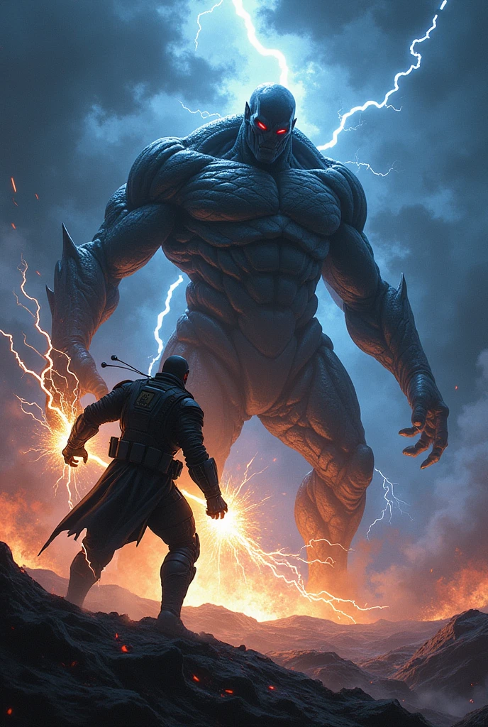 A black soldier with electrical powers fighting an impenetrable monster