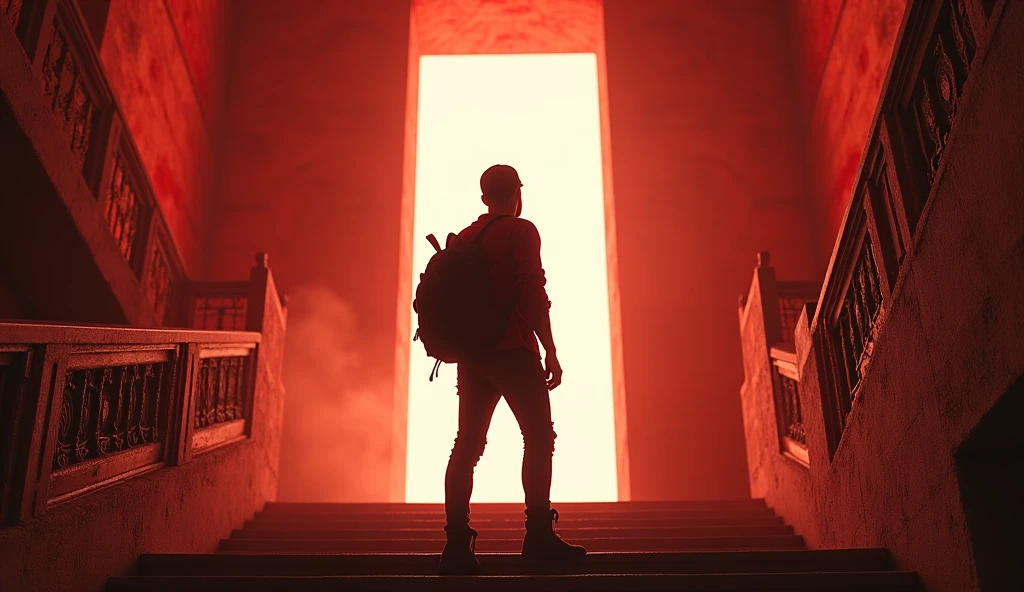 Hyper realistic, depict dramatic scenes with strong color contrasts, especially in shades of red and orange, depicting environments that appear otherworldly. In the middle, there was a white door emitting bright light, with the silhouette of a person standing in the doorway. Face detailed. Look straight ahead. 27yo Indonesian man wearing dark red flannel shirt and dark ripped jeans pants and black hiking hi-shoes with black backward trucker hat, wear dark leather backpack, masculine photoshoot pose, arrogant man expression. On the side of the stairs leading to the door. The setting includes architectural elements such as stairs and railings that have an otherworldly ancient design.