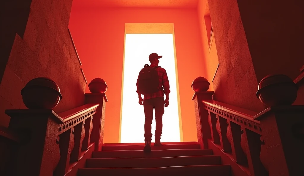 Hyper realistic, depict dramatic scenes with strong color contrasts, especially in shades of red and orange, depicting environments that appear otherworldly. In the middle, there was a white door emitting bright light, with the silhouette of a person standing in the doorway. Face detailed. Look straight ahead. 27yo Indonesian man wearing dark red flannel shirt and dark ripped jeans pants and black hiking hi-shoes with black backward trucker hat, wear dark leather backpack, masculine photoshoot pose, arrogant man expression. On the side of the stairs leading to the door. The setting includes architectural elements such as stairs and railings that have an otherworldly ancient design.