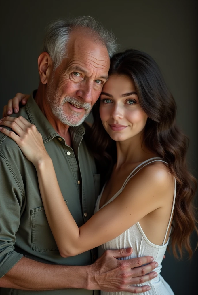 15 yo  girl, old man  hugging girl body,Beautiful blue eyes, long sexy hair, ((being seduced and fondled on her small breasts by an elderly man)),  old man, young sexy girl hugging old Man old man, front view 