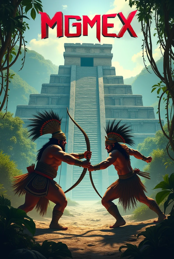 Aztec pyramid in the background, with a green jungle-like landscape, Spotlight, An Aztec and a Mayan fighting with bows and arrows, and in large letters in the header MGMEX in red, and in the middle part of the image GAMERSLAND 2024
