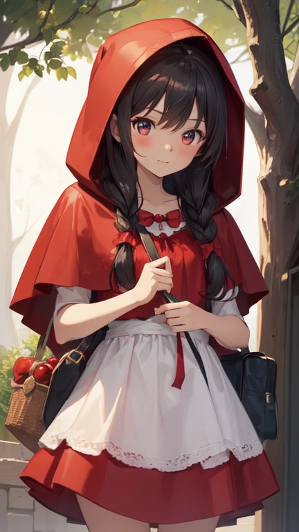 ((The cute Little Red Riding Hood girl&#39;s clothes are torn and she is nearly naked、Hair is black、She has big breasts、The chest is exposed、beautiful skin exposed、Shooting from above at an angle 1.4)、(It was evening and the sun was a bit dazzling.、Ultra HD、delicate、high quality、Facial beauty、Precise、A fantastic atmosphere:1.4)、The background is a forest