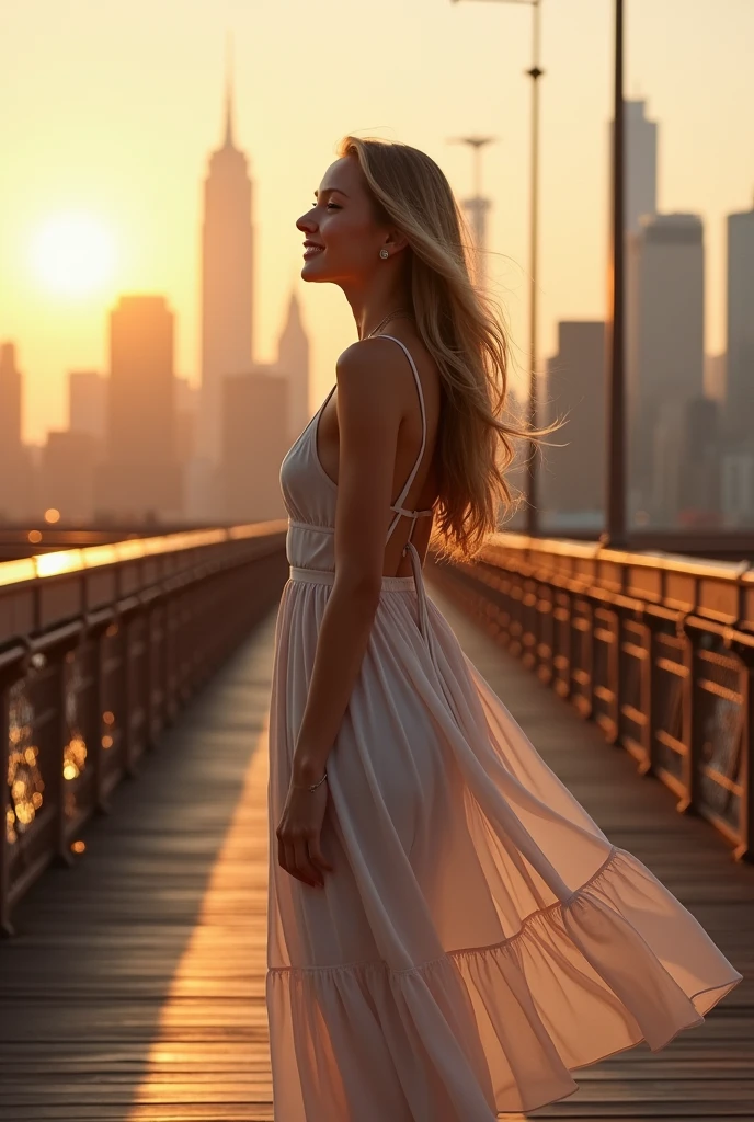 a beautiful young woman with fair skin, dressed in a casual yet fashionable maxi dress, standing on the famous Brooklyn Bridge. The soft evening light of the setting sun creates a magical atmosphere, illuminating her figure and highlighting her joyful expression as she gazes at the skyline