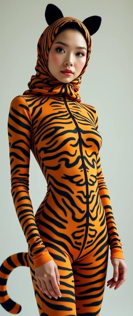 a beautiful asian muslimah woman with beautiful cheeks wears tiger lycra turtleneck unitard catsuit with a tail.She always wear tiger lycra dancewear hijab with a pair of ears.