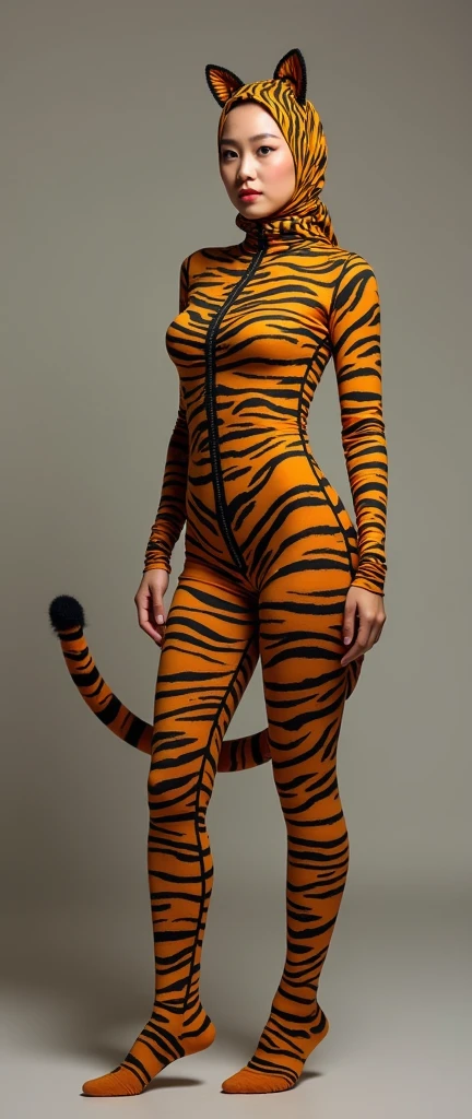 a beautiful asian muslimah woman with beautiful cheeks wears tiger lycra turtleneck unitard catsuit with a tail.She always wear tiger lycra dancewear hijab with a pair of ears.