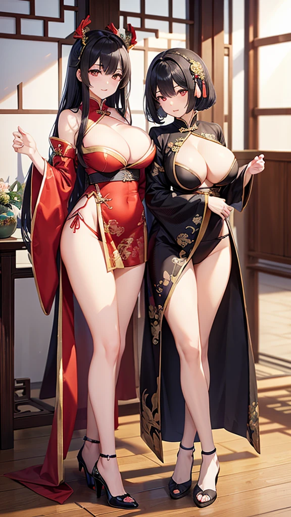 Black-haired busty beauty,Chinese imperial concubine clothing,cleavage,slim figure,Bare Legs,embroidered shoes,Standing,Chinese Palace,bangs between eyes,