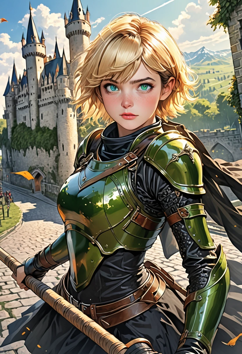 Illustration, detailed illustration, ultra detailed, best quality, dynamic angle, femboy, beautiful, short blonde hair, green eyes, light freckles, leather armor, castle, carrying scythe
