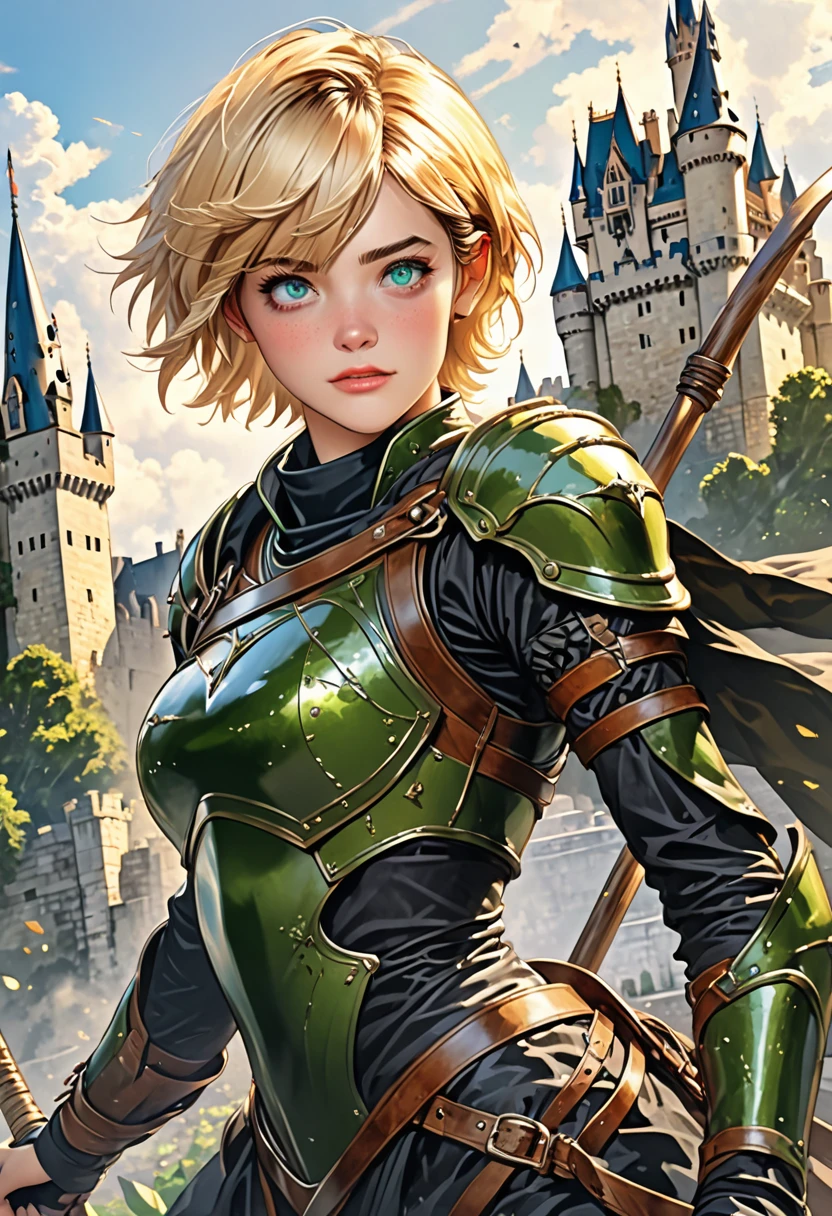 Illustration, detailed illustration, ultra detailed, best quality, dynamic angle, femboy, beautiful, short blonde hair, green eyes, light freckles, leather armor, castle, carrying scythe