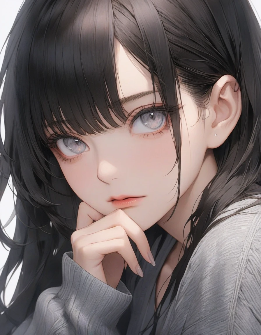 high resolution, Masterpiece, Anatomically correct, precise, qualityที่ดีที่สุด, quality, 1 woman, Age 25 years ,long hair, dark hair, silver eyes,big breasts, full bangs , Dark makeup, A cold expression simple background, Close-up , Anime style,Wearing oversized shirt, grey cardigan, Sharp eyes ,mature woman, 