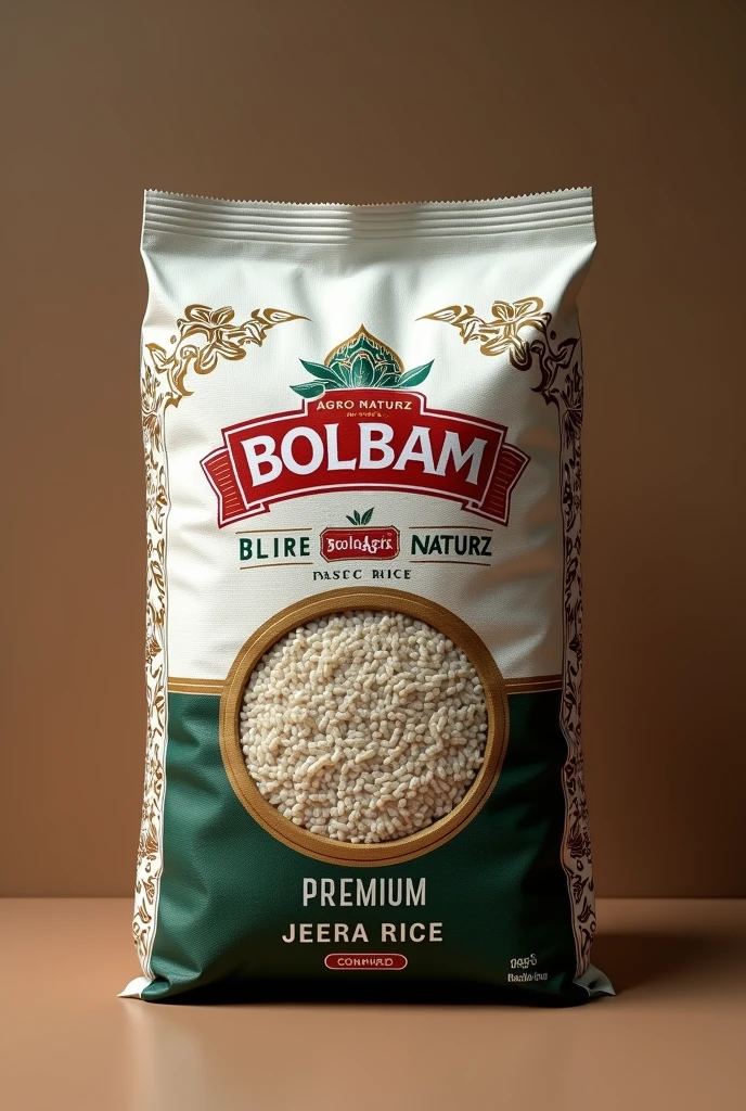 Rice packing bag for 20kg
Brand name - BOLBAM
Rice name- premium jeera rice
Color combination- white, dark red and dark green
Add some attractive designes
company name - OPS AGRO NATURZ