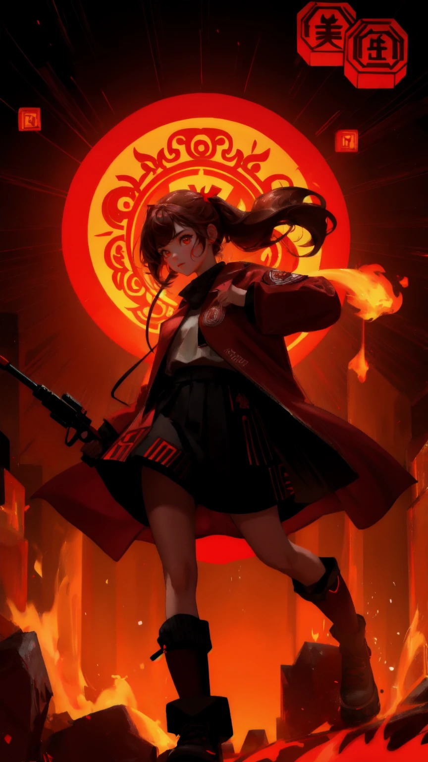 an ape with a girl, red temple, flamming out, ape with glowing symbols.