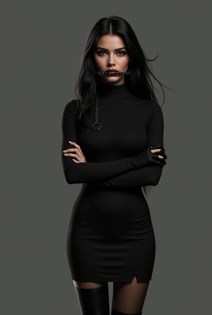 indian women, aged 25, white skin, long black hair, horse jockey black tight dress, full sleeve black, black tights, black pants, black boots, black gloves, rolex watch, standing, looking straight, chain gagged
