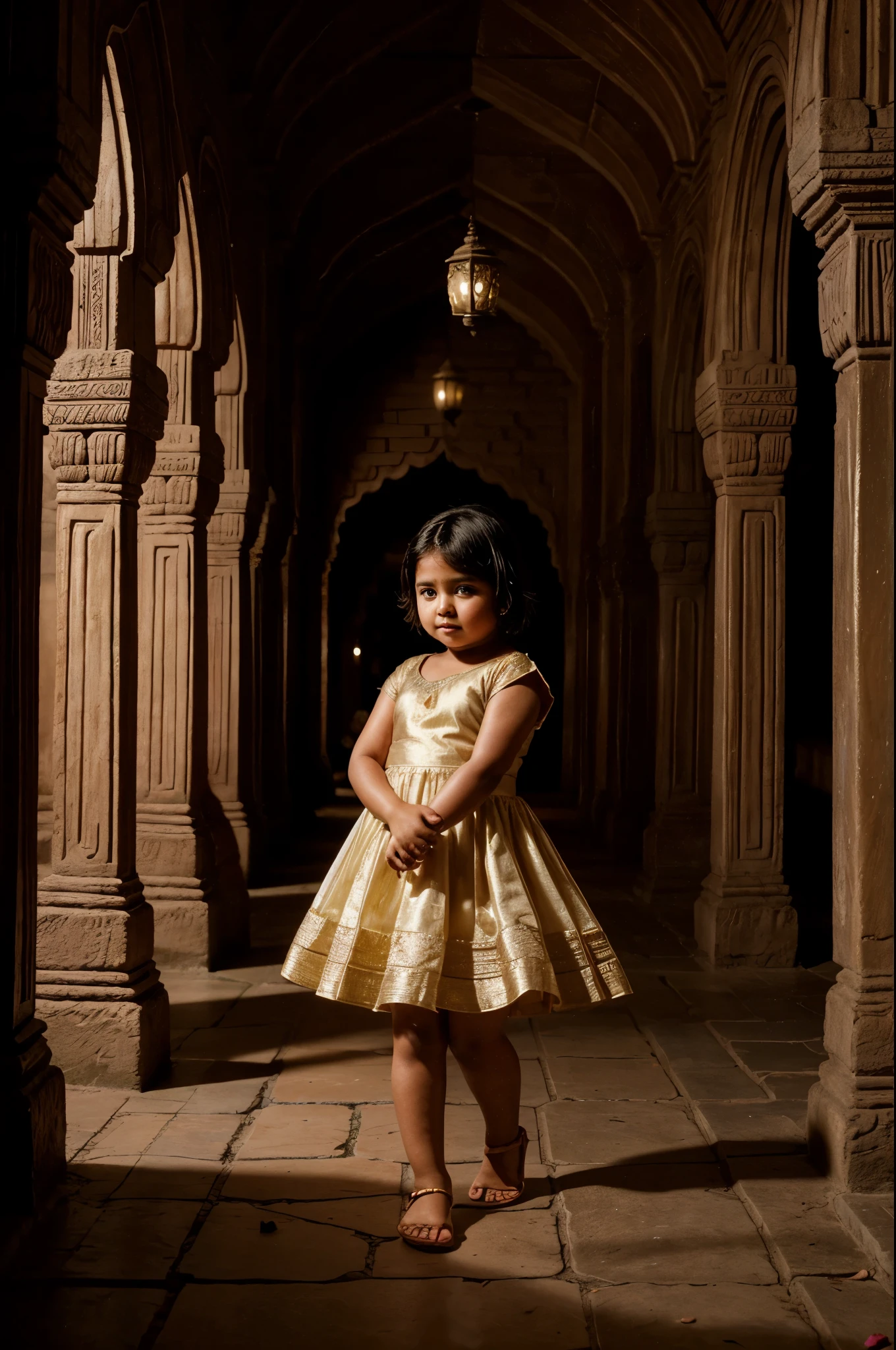 a cute chubby little indian girl very short hair wearing a beautiful princess dress dancing in a beautiful ancient indian temple corridor at night