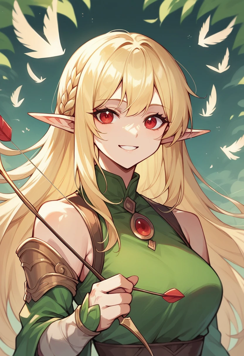 Elf, blonde long hair with bangs, red eyes, arrow, pretty, smile