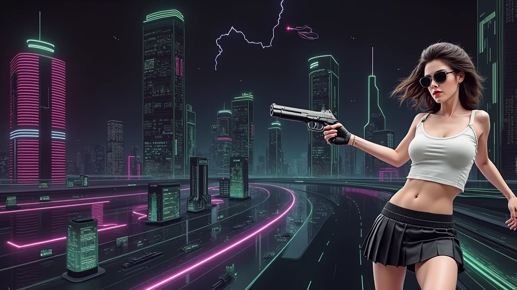 Matrix inspired futuristic cityscapes with colorful all-glass outlined towering skyscrapers with lightning, flying vehicle. High-resolution OLED GUI interfaces in the building, The windows are filled with transparent data visualization infographics that show it all, close-up green glowing cascading code. Colors are saturated and vibrant. At night, (1girl, solo, alone), photorealistic, large-breast slim:0.6 body, oval:0.5 face, cleavage:1.1, very low angle view of pleated miniskirt, deep-v, (upskirt), glove, (Matrix style black micro sunglasses), (aiming viewer with a short gun), dynamic running pose, ((half-body thigh level close-up shot)), cinematic lighting, ray tracing, motion blur background.
