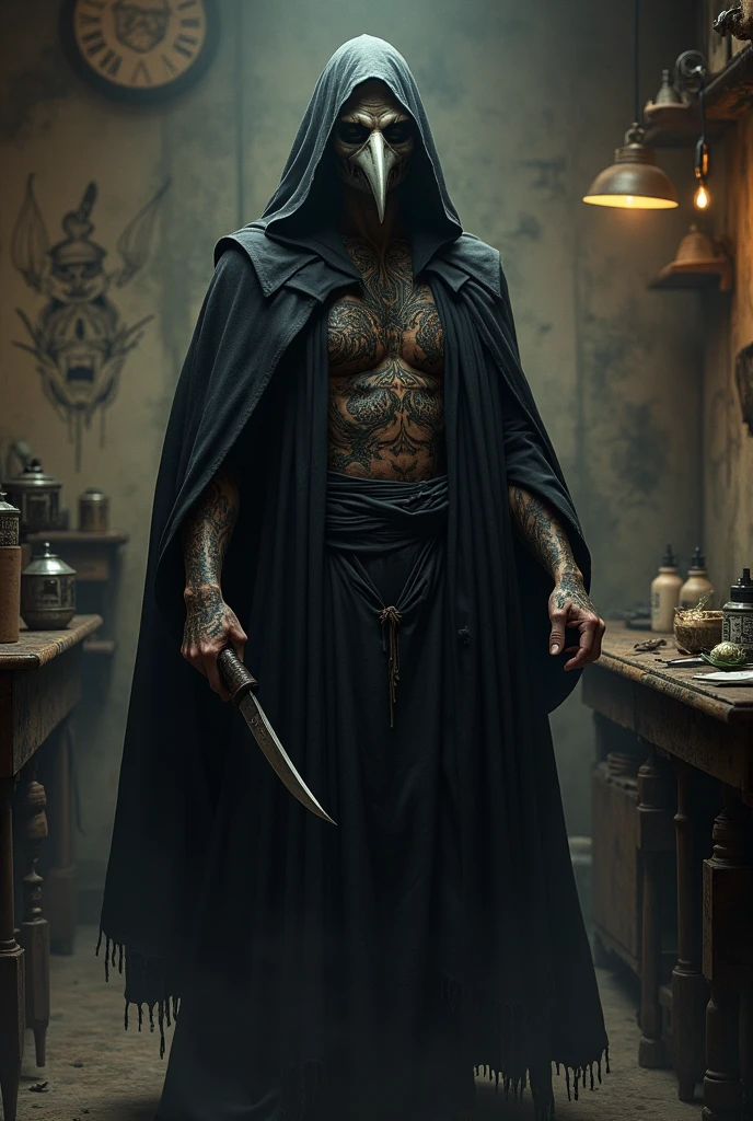 a plague doctor with a knife in his hand , tattoo designer