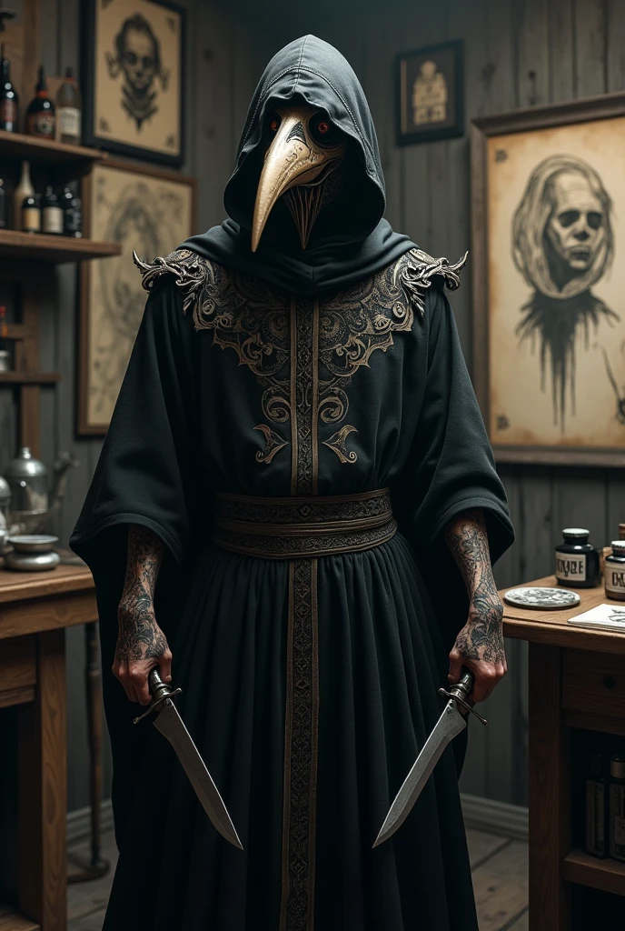 a plague doctor with a knife in his hand , tattoo designer