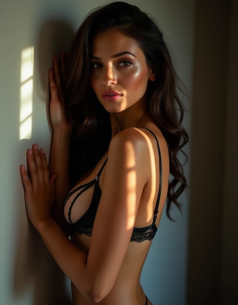 Generate an ultra-realistic 4K image of a top model with striking facial features, reminiscent of Laetitia Casta, standing sensually against a wall in elegant lingerie. She has full, pouty lips, high cheekbones, and expressive eyes, with a captivating, sultry expression. Her hands are pressed against the wall, her body slightly arched, and she’s gazing off to the side with a blend of confidence and allure. The lighting should accentuate the contours of her figure and the sharpness of her facial features, creating a glamorous yet intimate atmosphere.