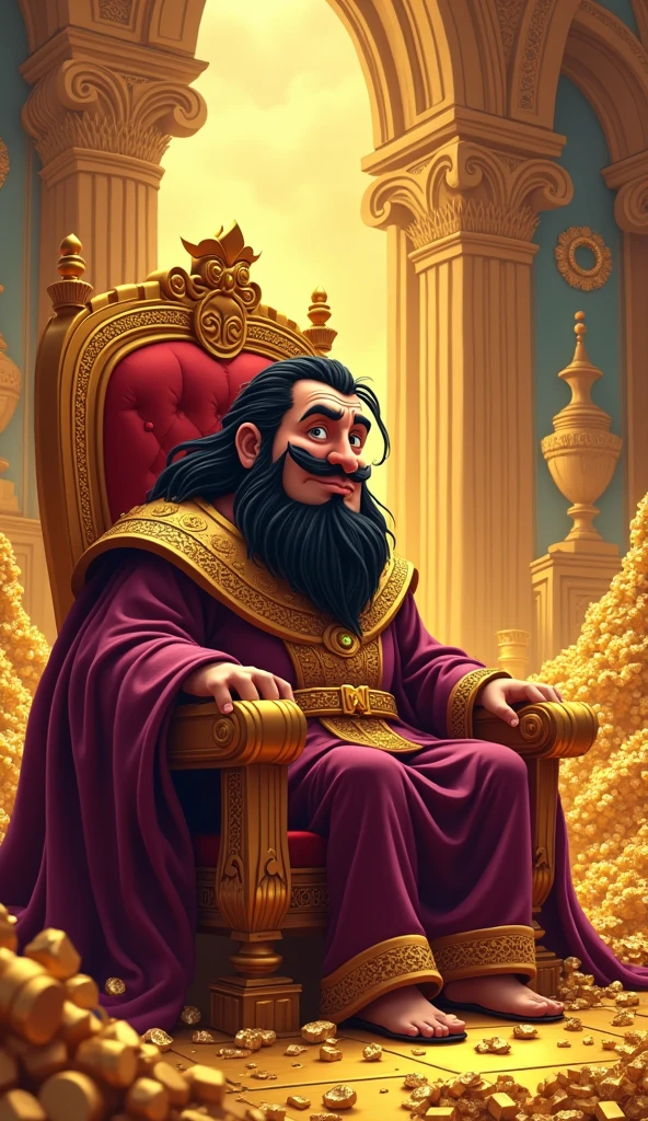 Setting: A grand palace with gold and marble floors, filled with luxurious decorations. King Midas is sitting on a throne, surrounded by treasures.

Visuals: King Midas, a middle-aged man with a long, flowing black beard and sharp, intelligent eyes, is dressed in royal robes of deep purple and gold, decorated with jewels. He gazes lovingly at his treasure-filled palace, his greed visible as he dreams of having more gold.
Show as cartoons